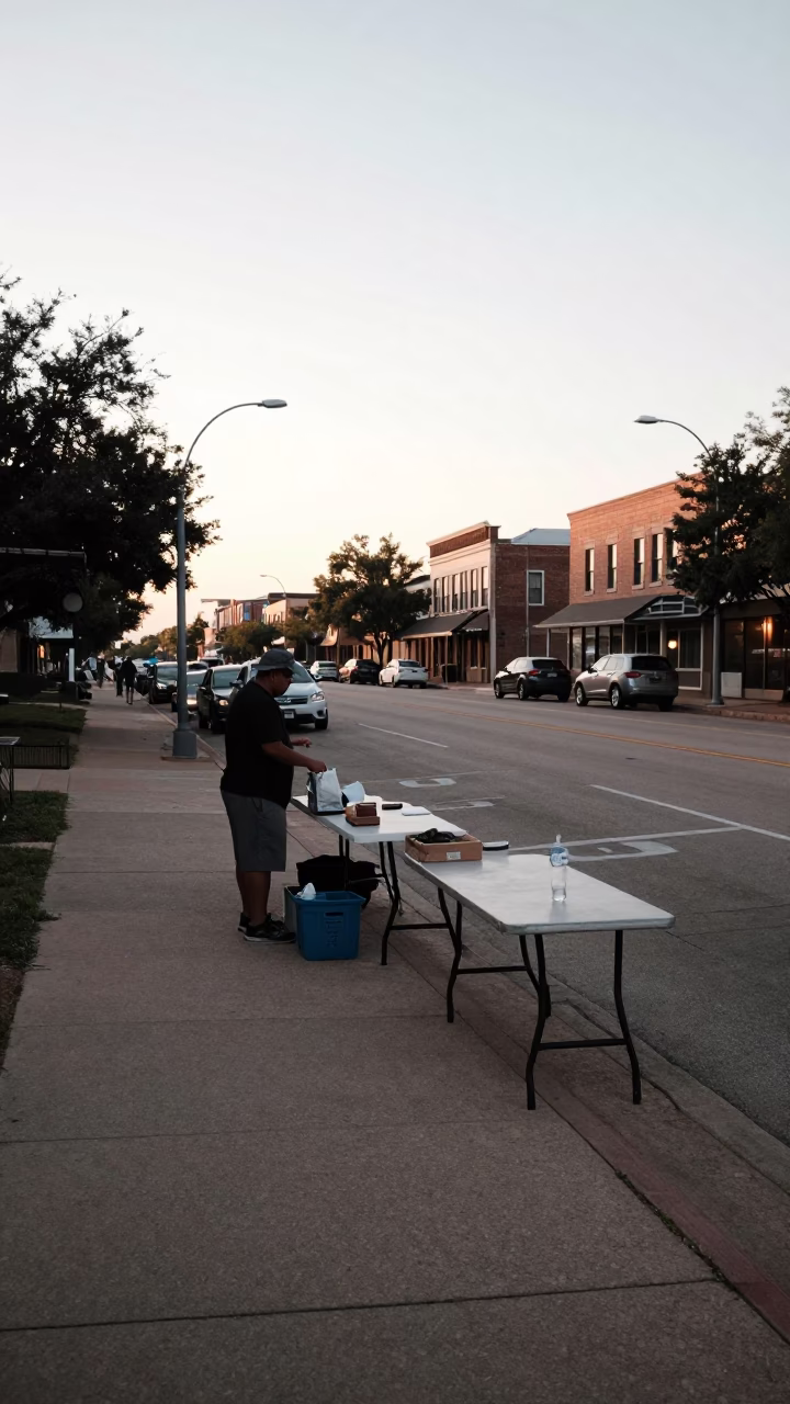 Early Morning Austin Texas Street Scene with Folding Tables and Wicker Basket in in Austin, Texas, United States
