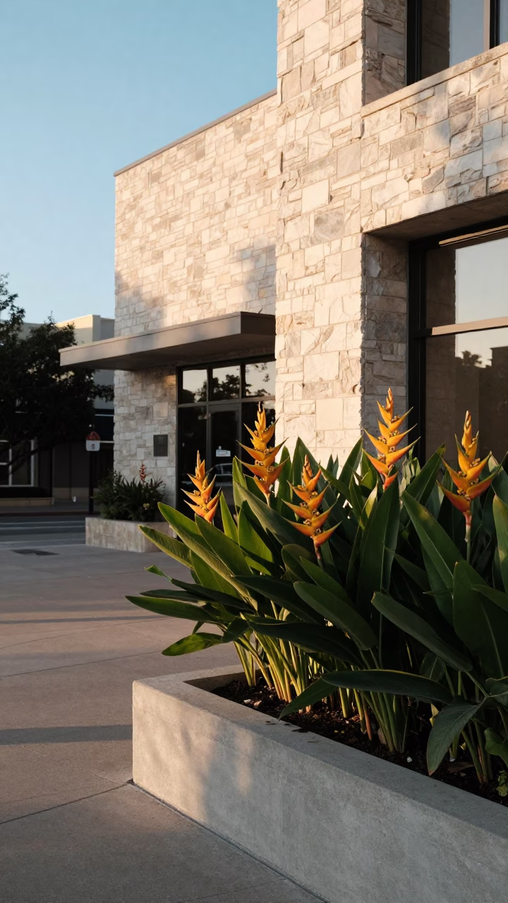 Early Morning Austin Texas Street Scene with Heliconia and Clear Glass Architecture in in Austin, Texas, United States