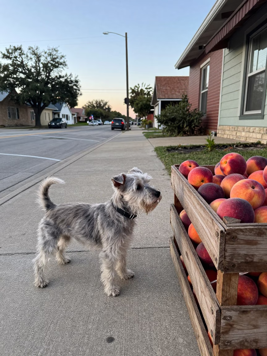 Early Morning Austin Texas Street Scene with Nectarines and American Hairless Terrier in in Austin, Texas, United States