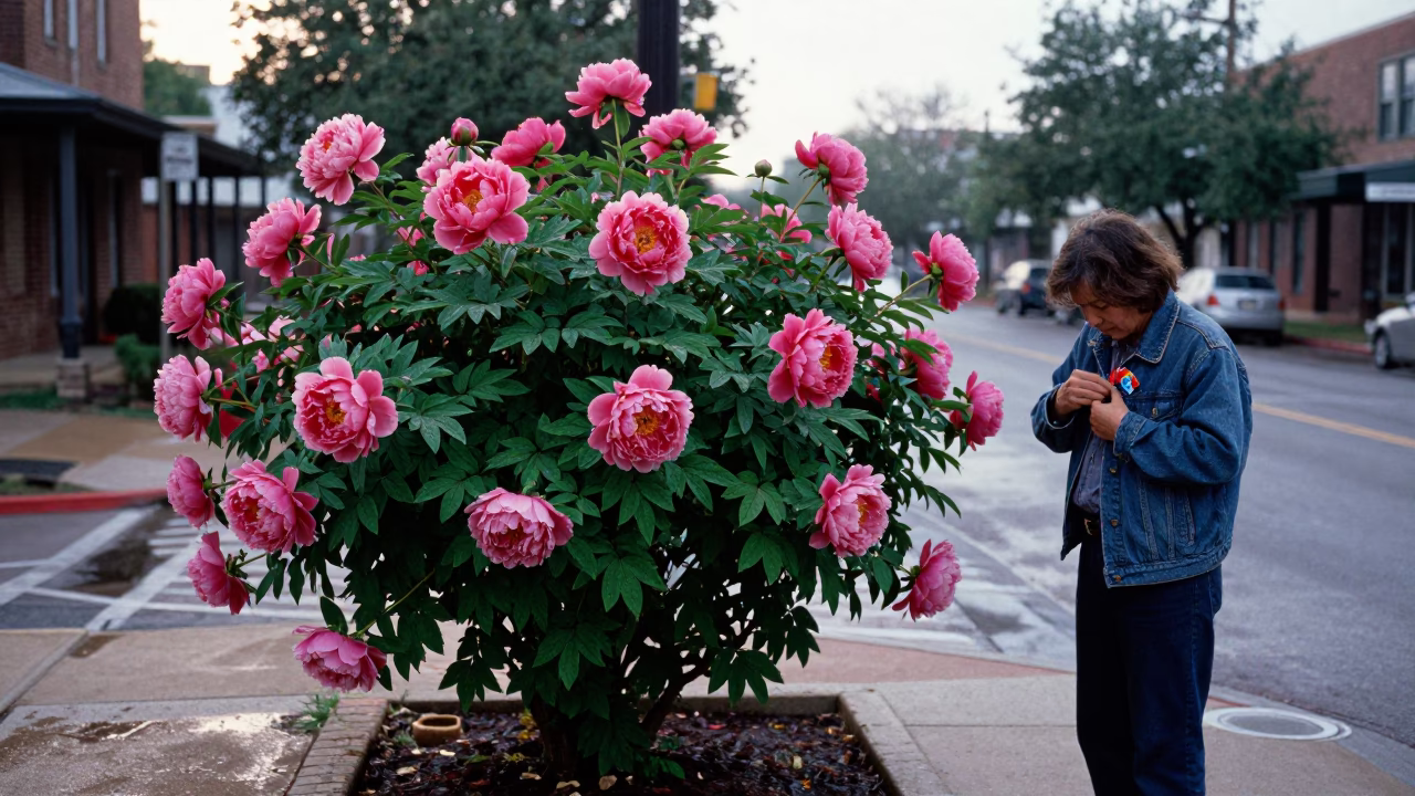 Early Morning Austin Texas Street Scene with Peony Bush and Local Interaction in in Austin, Texas, United States