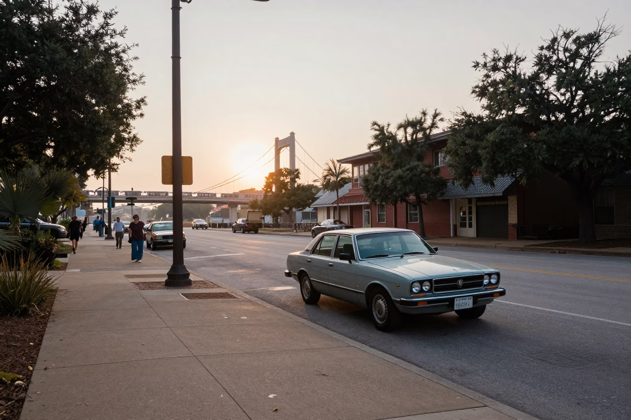 Early Morning Austin Texas Street Scene with Vintage 1980s Details and Local Atmosphere in in Austin, Texas, United States