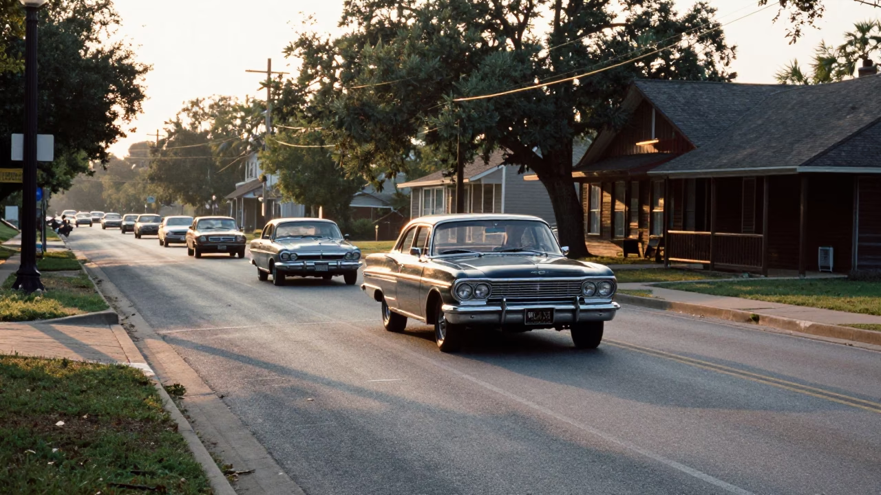 Early Morning Austin Texas Street Scene with Vintage Car Rally and Construction Site in in Austin, Texas, United States