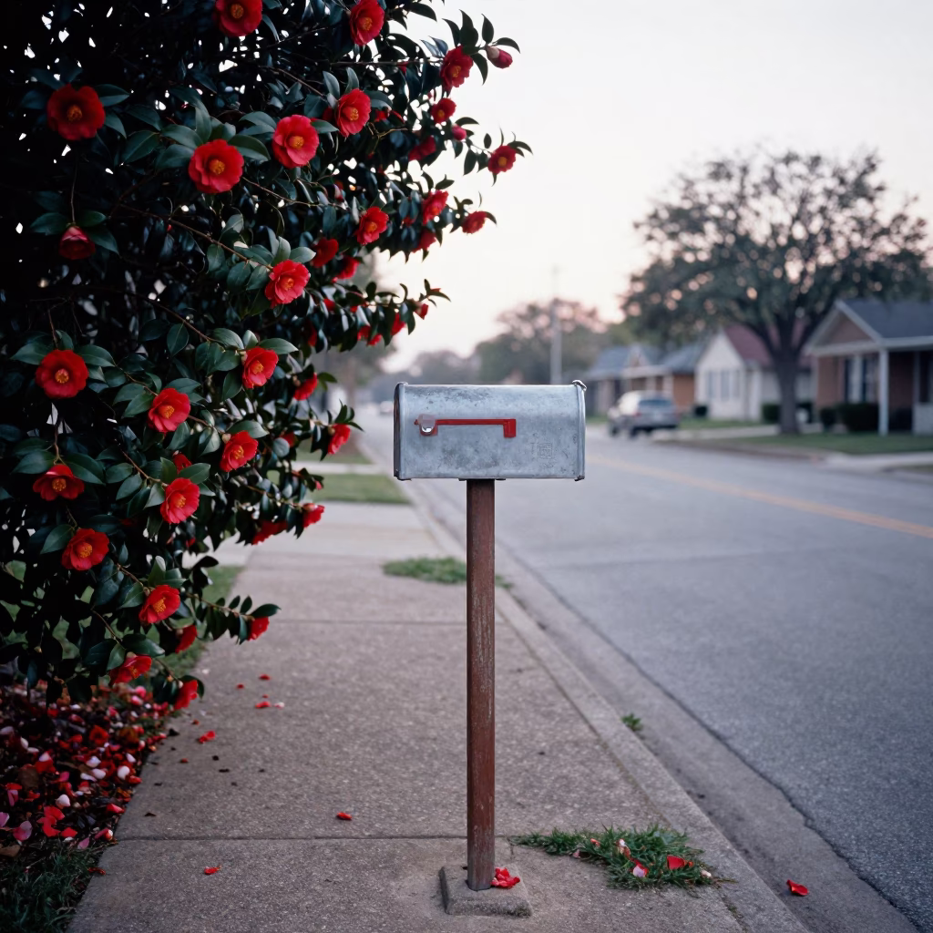 Early Morning Austin Texas Street Scene with Vintage Mailbox and Camellia Bush in in Austin, Texas, United States