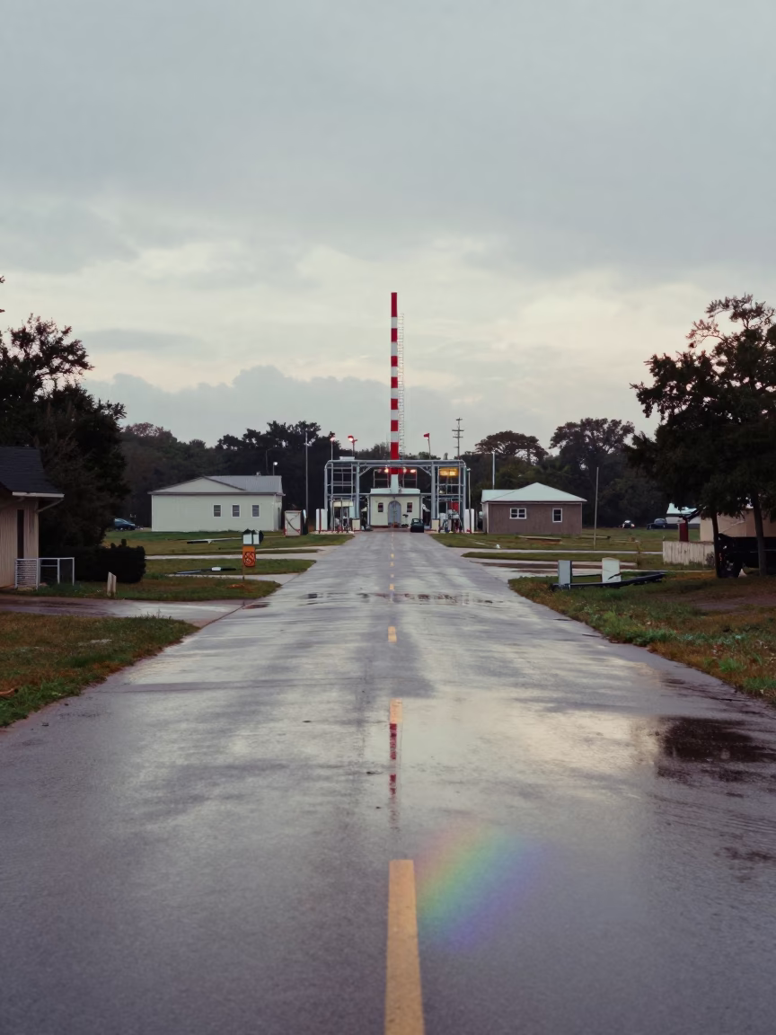 Early Morning Austin Texas Substation Road with Oil Sheen Puddle and Stacked Plates in in Austin, Texas, United States