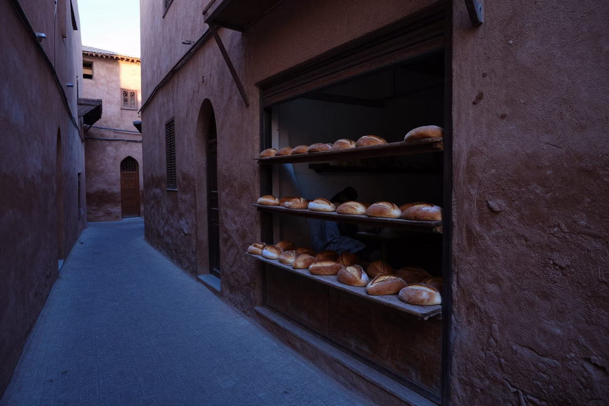 Early Morning Bakery Scene in Fez Morocco with Fresh Bread Loaves Before Sunrise in in Fez, Morocco
