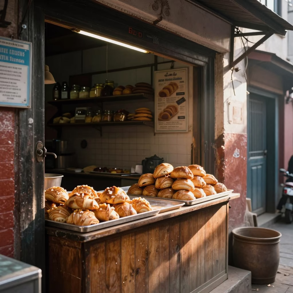 Early Morning Bakery Scene in Kathmandu Nepal with Fresh Pastries and Vintage Plate in in Kathmandu, Nepal