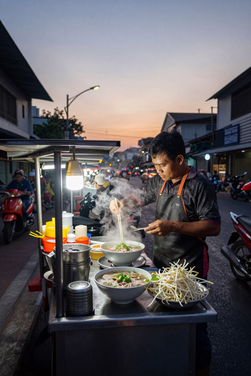 Early Morning Bangkok Street Food Stall with Bowl of Pho and Condiments in in Bangkok, Thailand