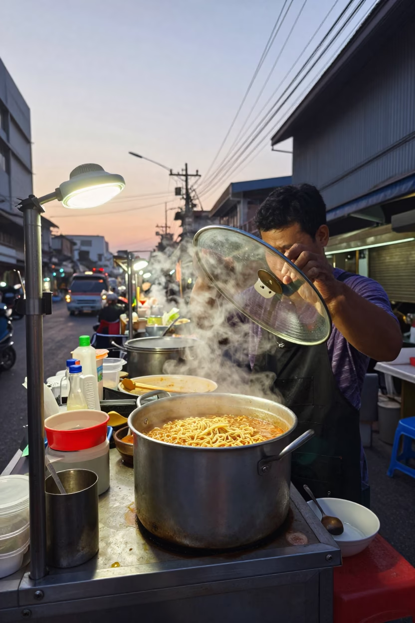 Early Morning Bangkok Street Food Stall with Ramen and Egg Before Dawn in in Bangkok, Thailand