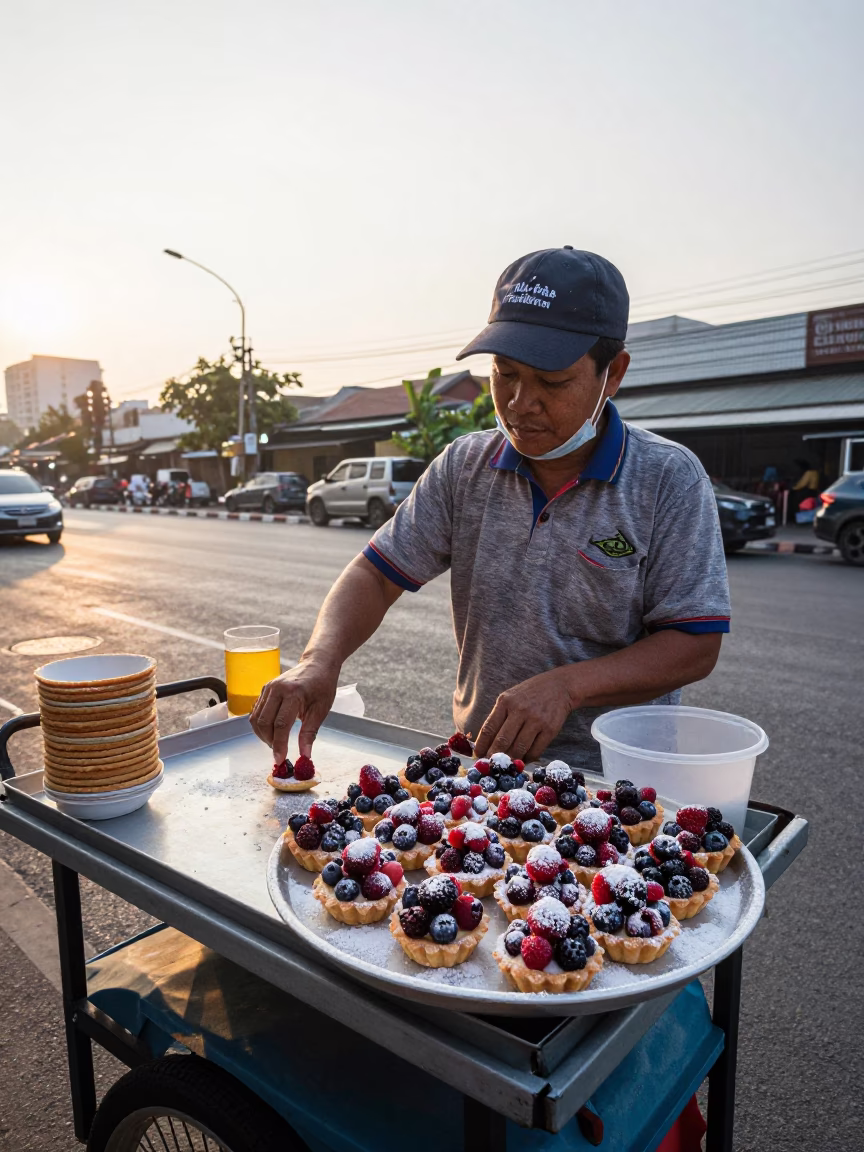 Early Morning Bangkok Street Food Vendor Selling Fresh Berries and Pastries in Thailand in in Bangkok, Thailand