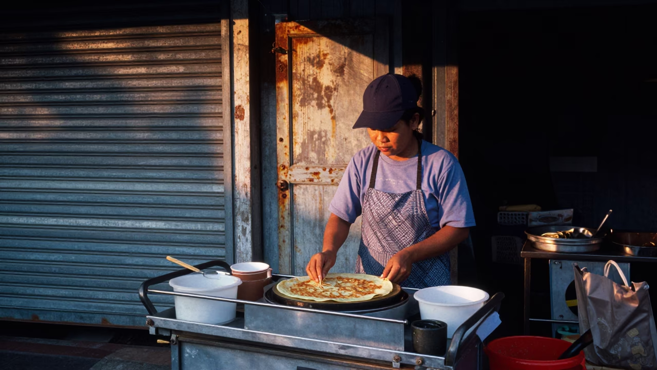 Early Morning Bangkok Street Food Vendor Selling Jianbing Crepe Before Sunrise in in Bangkok, Thailand