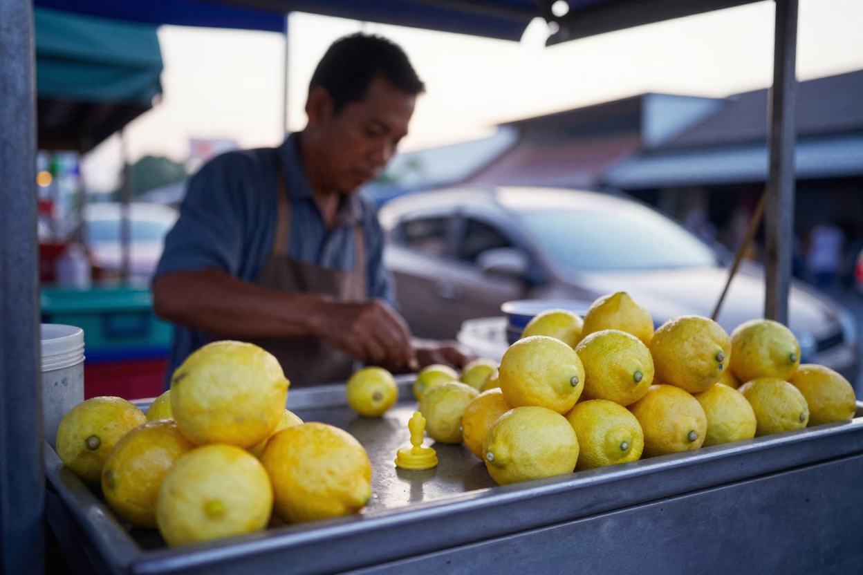 Early Morning Bangkok Street Food Vendor with Lemons and Wax Seals in in Bangkok, Thailand