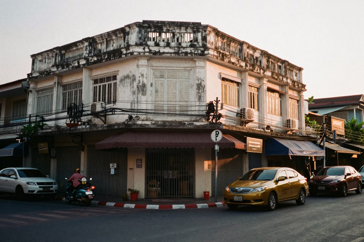 Early Morning Bangkok Street Scene with Brushed Steel Frame and Wash Basin Detail in in Bangkok, Thailand