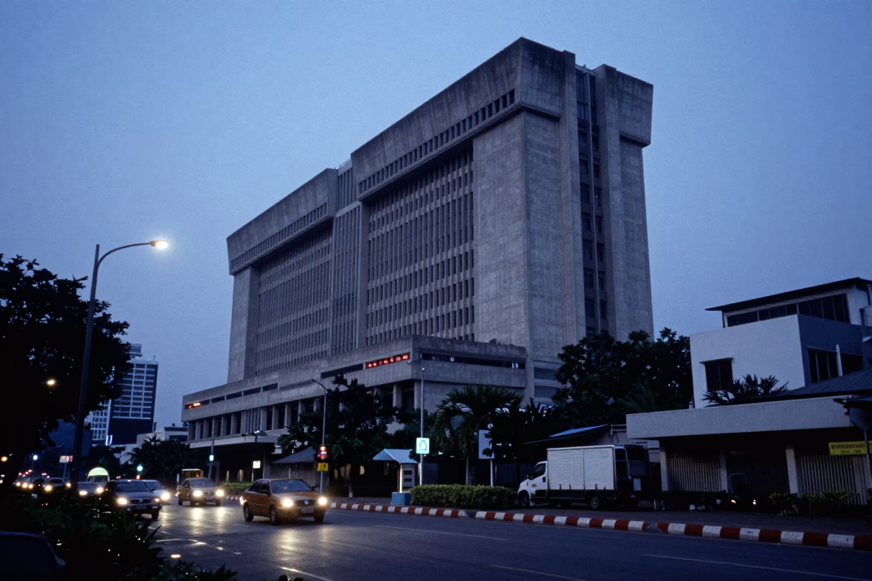 Early Morning Bangkok Street Scene with Concrete Brutalist University Building in in Bangkok, Thailand