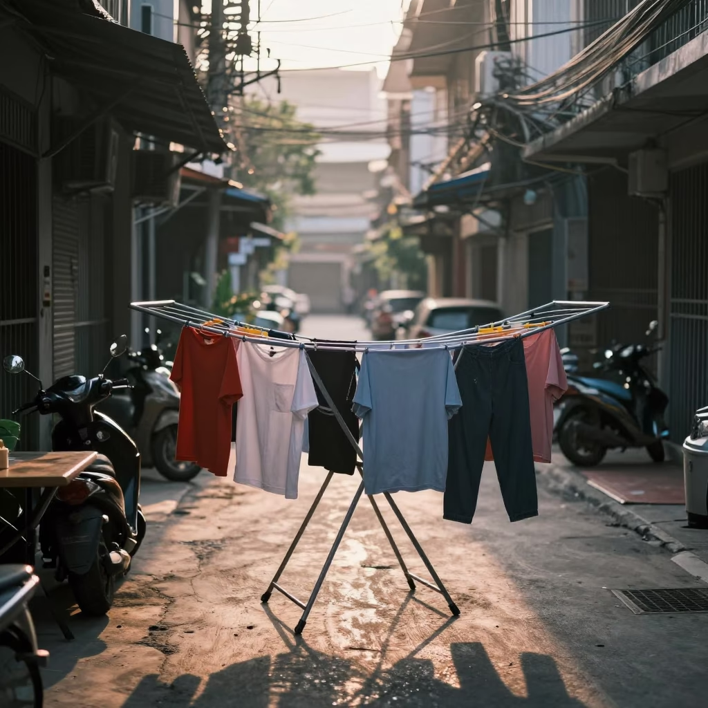 Early Morning Bangkok Street Scene with Drying Rack and Laundry in in Bangkok, Thailand