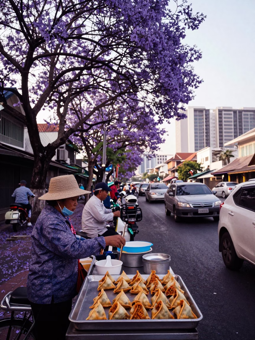 Early Morning Bangkok Street Scene with Jacaranda Bloom and Sambusa Vendor in in Bangkok, Thailand