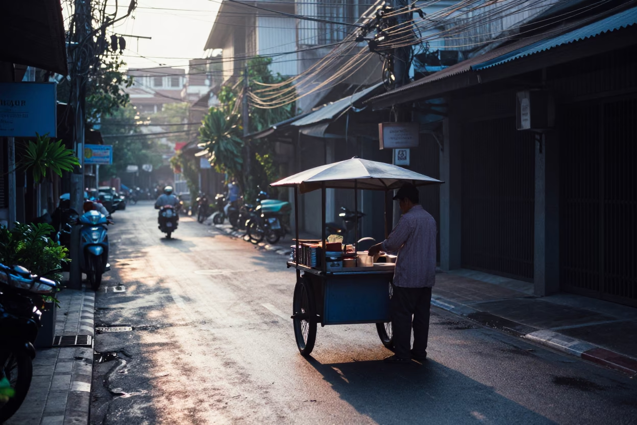 Early Morning Bangkok Street Scene with Local Vendor and Morning Light in in Bangkok, Thailand