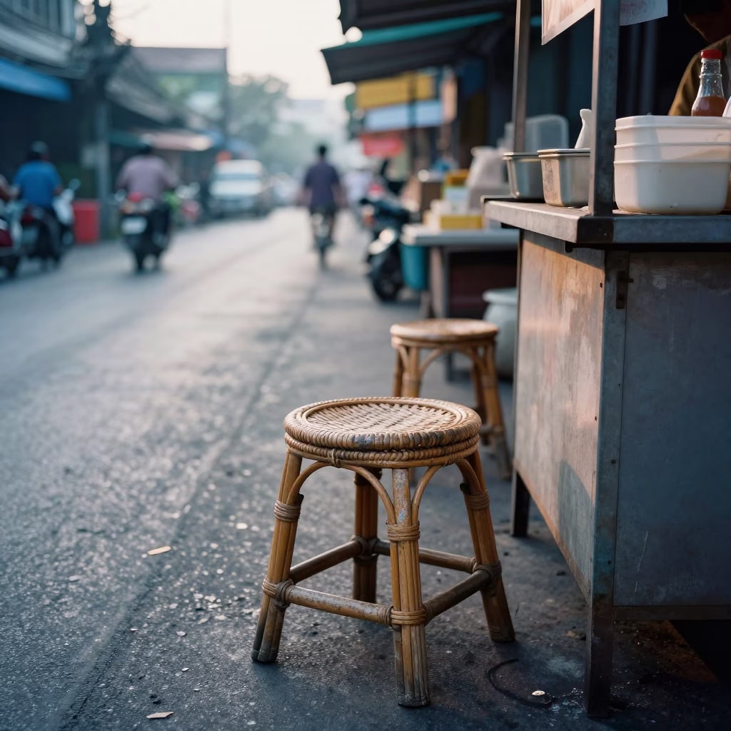 Early Morning Bangkok Street Scene with Rattan Stool and Glass Carafe in in Bangkok, Thailand