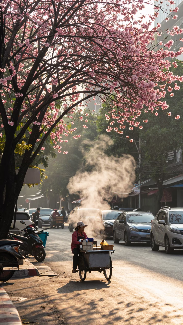 Early Morning Bangkok Street Scene with Steam Rising from Hot Tea Cup in in Bangkok, Thailand