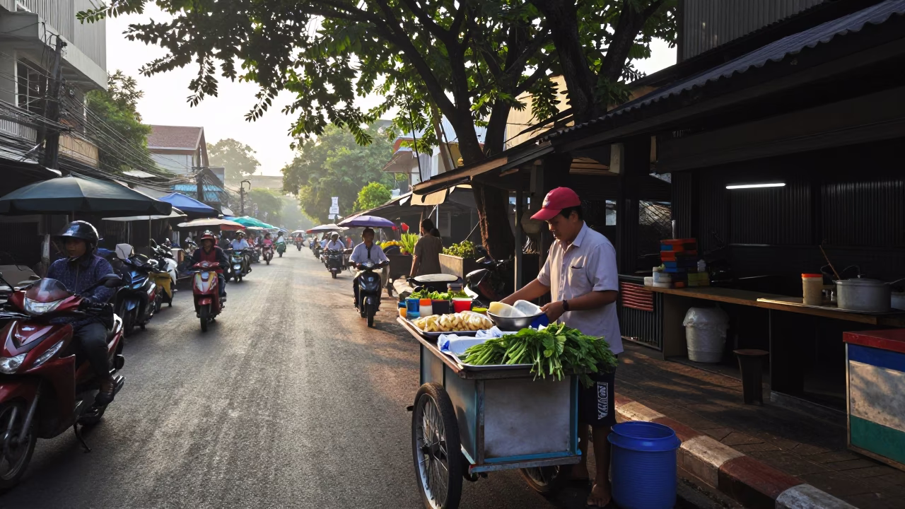 Early Morning Bangkok Street Scene with Traditional Food and Urban Architecture in in Bangkok, Thailand