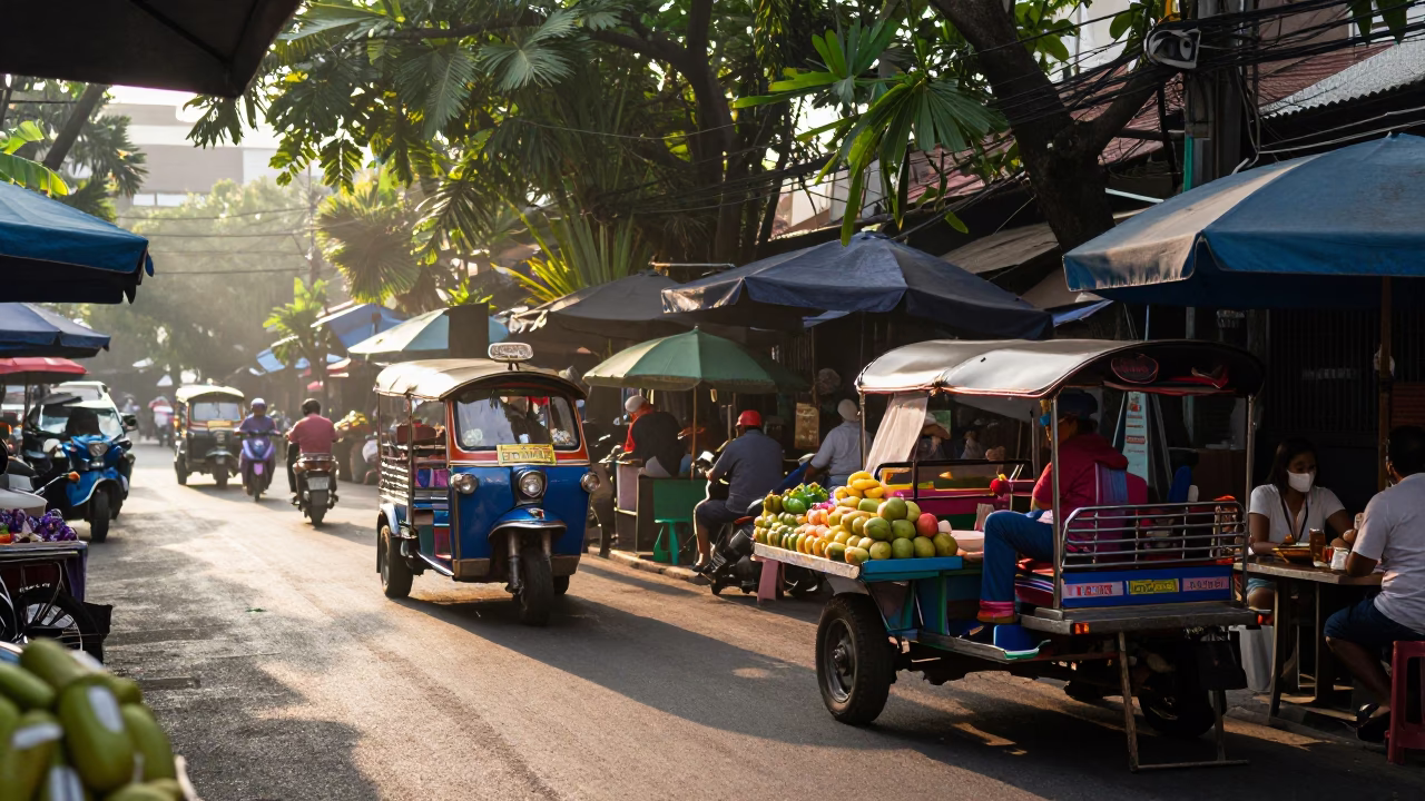 Early Morning Bangkok Street Scene with Tuktuk and Morning Market Activity in in Bangkok, Thailand