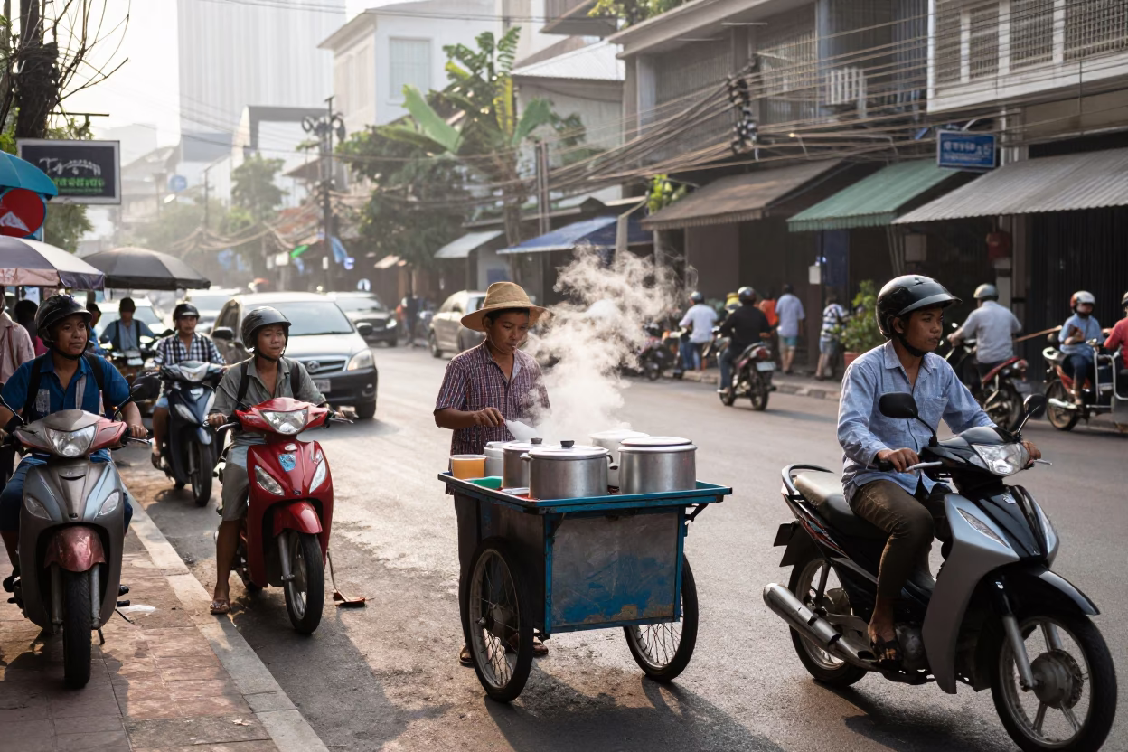 Early Morning Bangkok Street Scene with Vendor and Motorbike Traffic in in Bangkok, Thailand