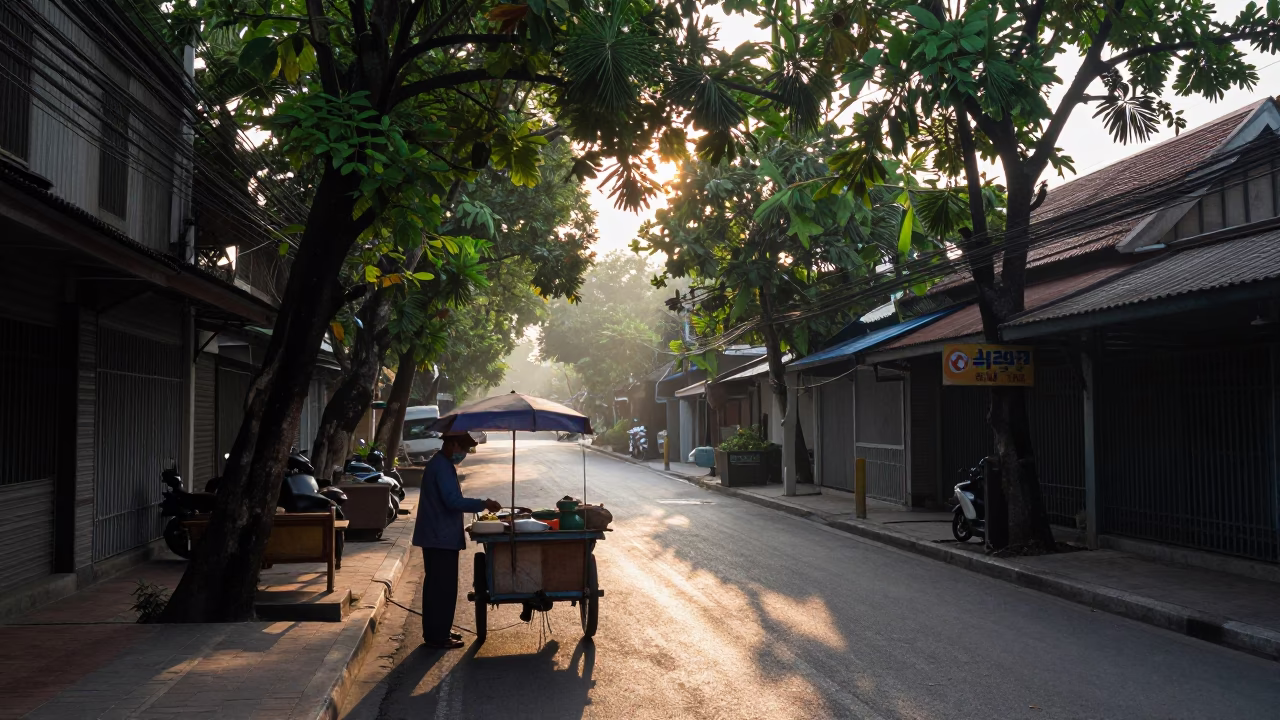 Early Morning Bangkok Street Scene with Vendor and Sun Hat in in Bangkok, Thailand
