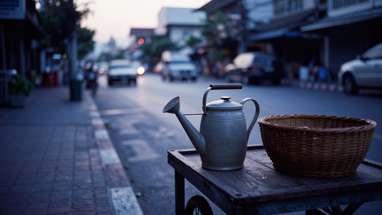 Early Morning Bangkok Street Scene with Watering Jug and Figs Before Sunrise in in Bangkok, Thailand