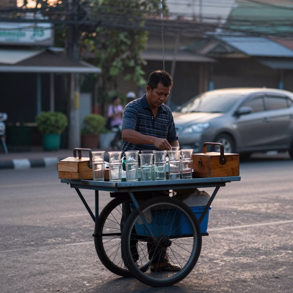 Early Morning Bangkok Street Vendor Preparing Food Before Sunrise with Glassware and Tools in in Bangkok, Thailand