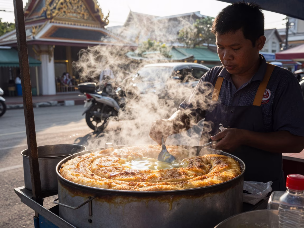 Early Morning Bangkok Street Vendor Selling Kunafa with Melted Cheese Near Temple in in Bangkok, Thailand