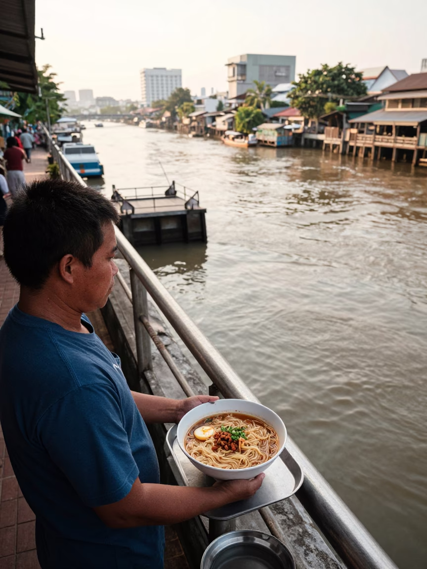 Early Morning Bangkok Street Vendor Serving Shan Noodles Near Floodgate River Walkway in in Bangkok, Thailand