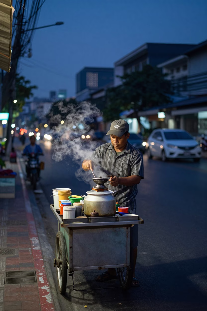 Early Morning Bangkok Street Vendor with Coffee Grinder and Steam Before Dawn in in Bangkok, Thailand