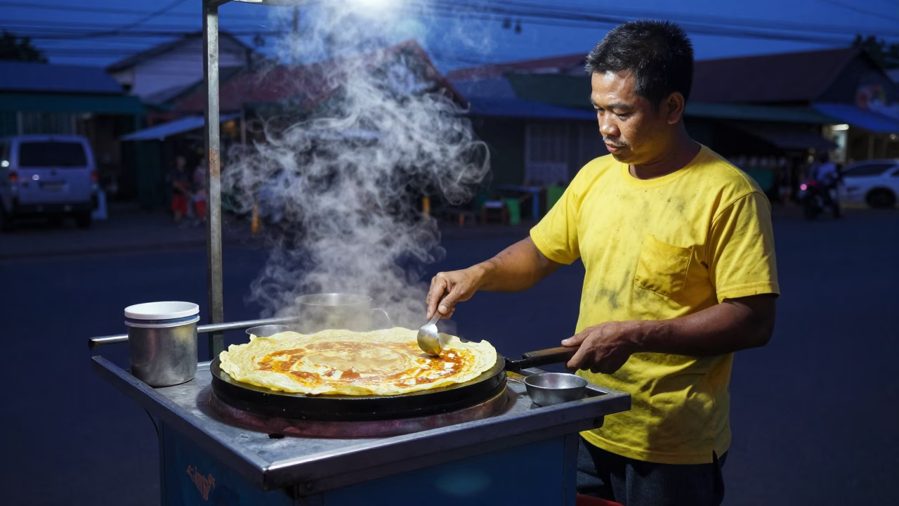 Early Morning Bangkok Street Vendor with Jianbing Crepe and Canal Drip in in Bangkok, Thailand