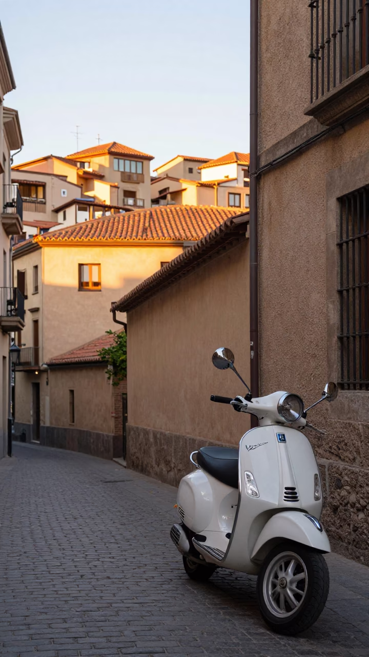Early Morning Barcelona Cobblestone Street with Vintage Vespa and Morning Light in in Barcelona, Spain