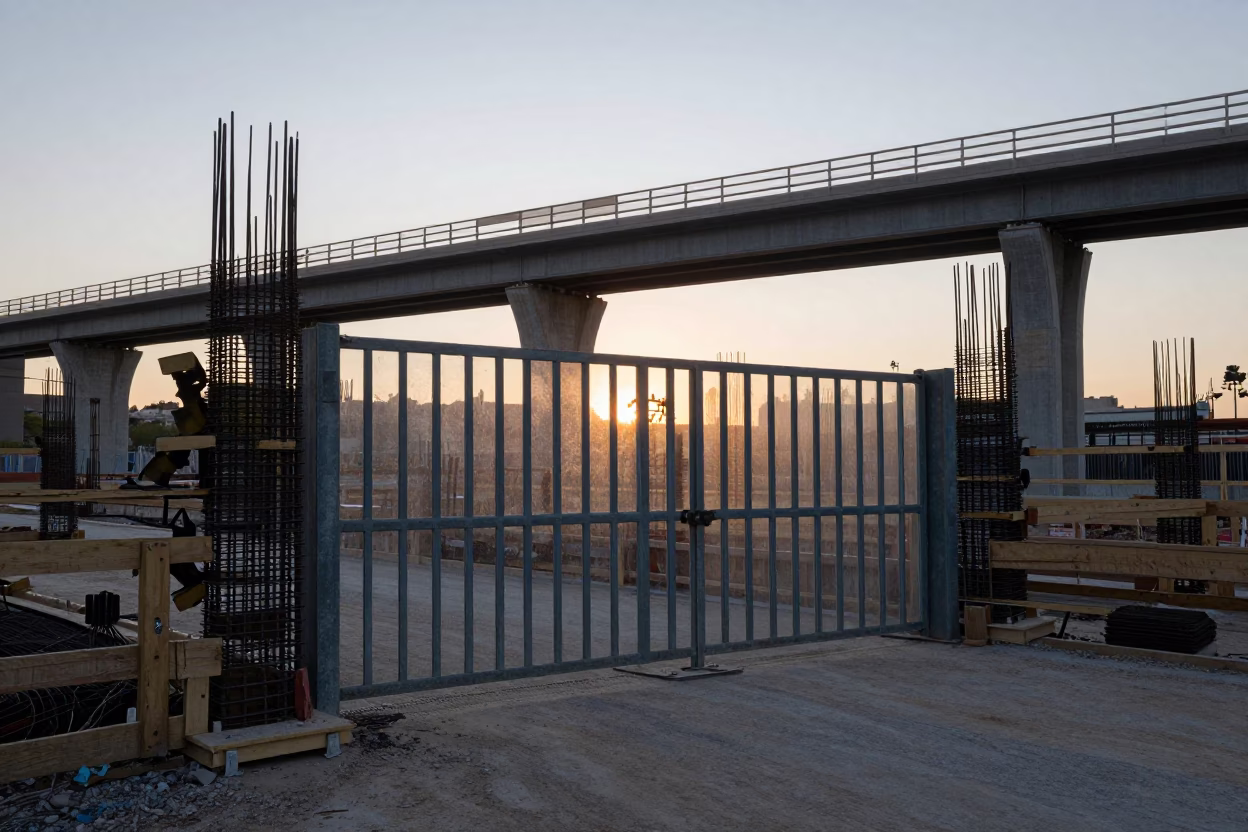 Early Morning Barcelona Construction Site with Rebar and Viaduct Stone Details in in Barcelona, Spain