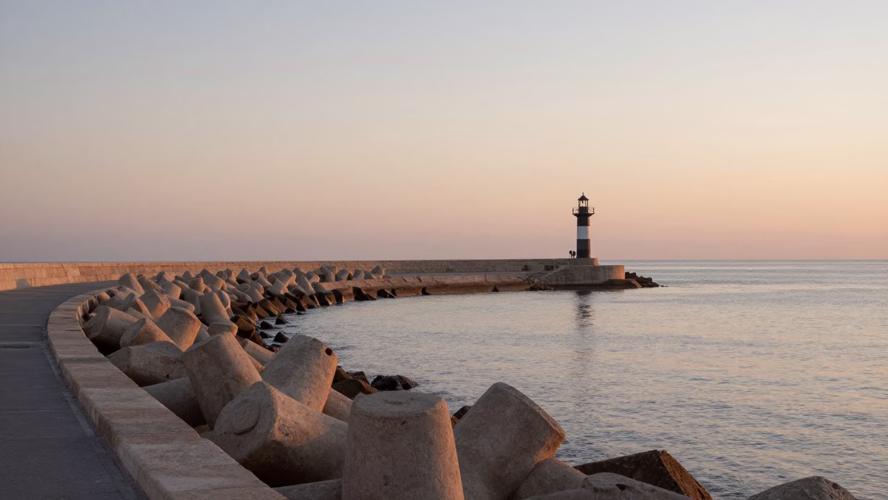 Early Morning Barcelona Harbor Breakwater Curve and Lonely Beacon with Urban Coastline in in Barcelona, Spain