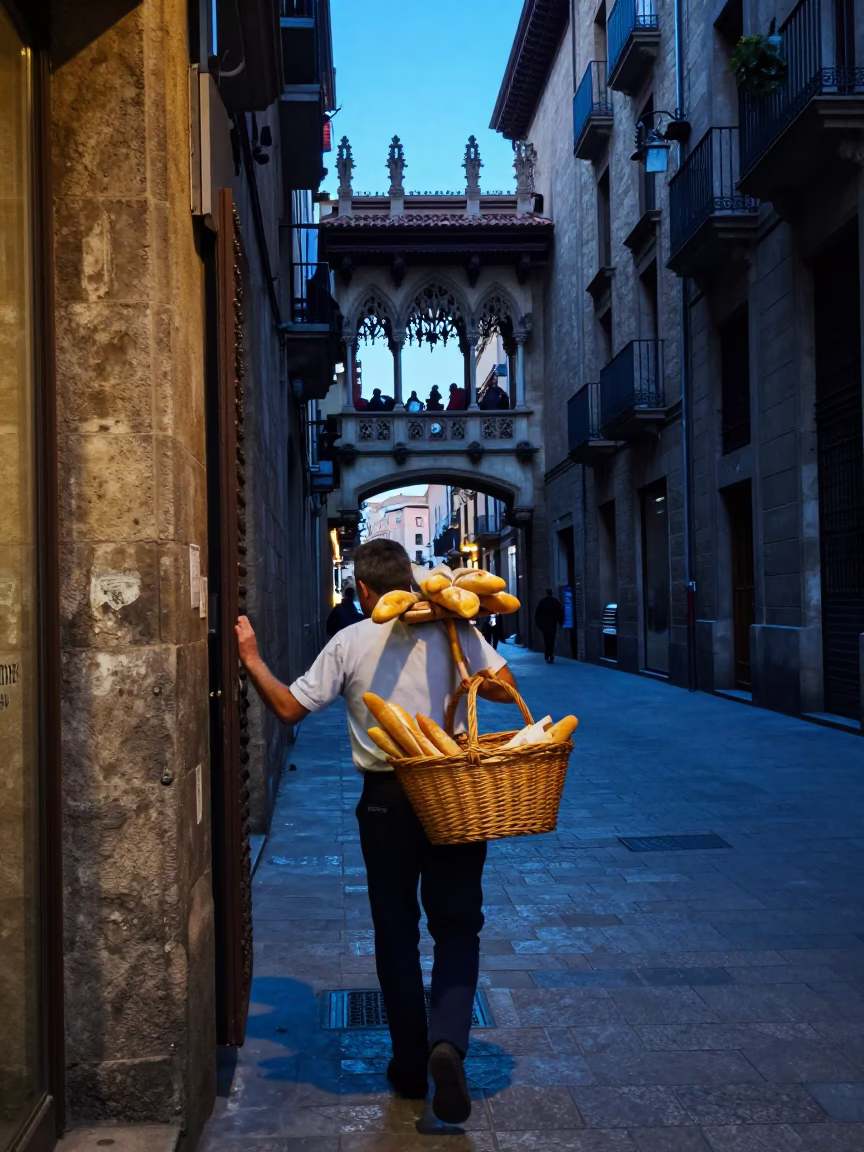 Early Morning Barcelona Street Scene with Baguettes and Colored Glass Bottle in in Barcelona, Spain