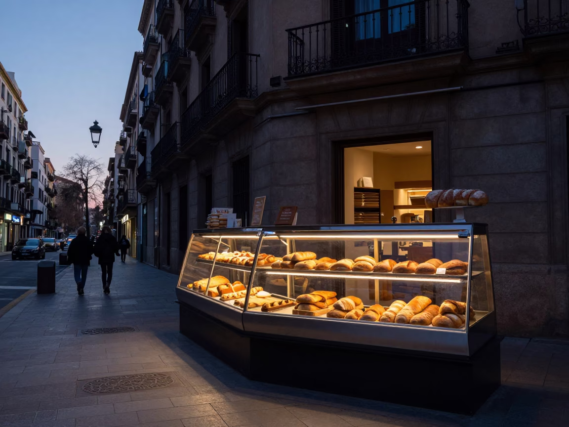 Early Morning Barcelona Street Scene with Bakery Display Before Sunrise in in Barcelona, Spain