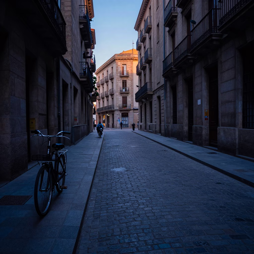 Early Morning Barcelona Street Scene with Bicycles and Stone Architecture Before Sunrise in in Barcelona, Spain