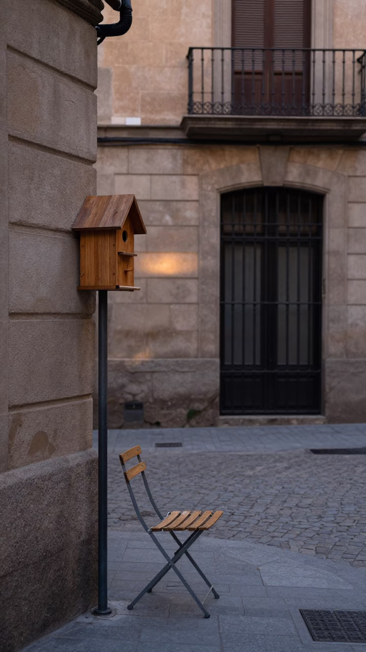 Early Morning Barcelona Street Scene with Birdhouse and Folding Chair at Dawn in in Barcelona, Spain