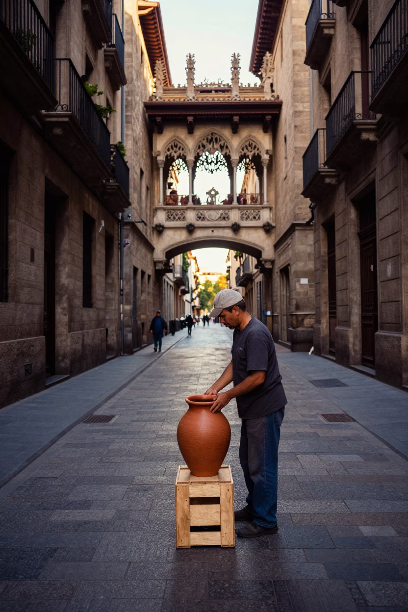 Early Morning Barcelona Street Scene with Clay Pot and Tram in in Barcelona, Spain