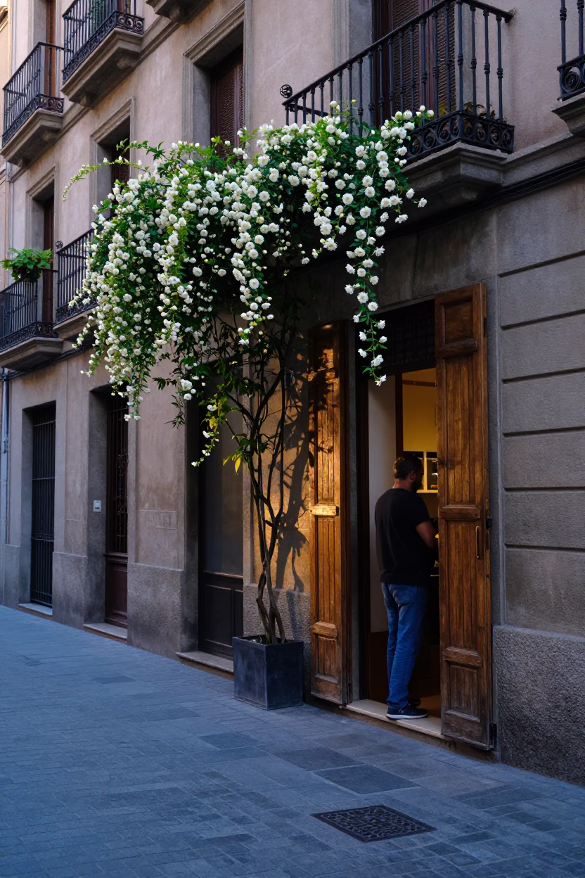 Early Morning Barcelona Street Scene with Climbing Jasmine Trellis and Local Life in in Barcelona, Spain
