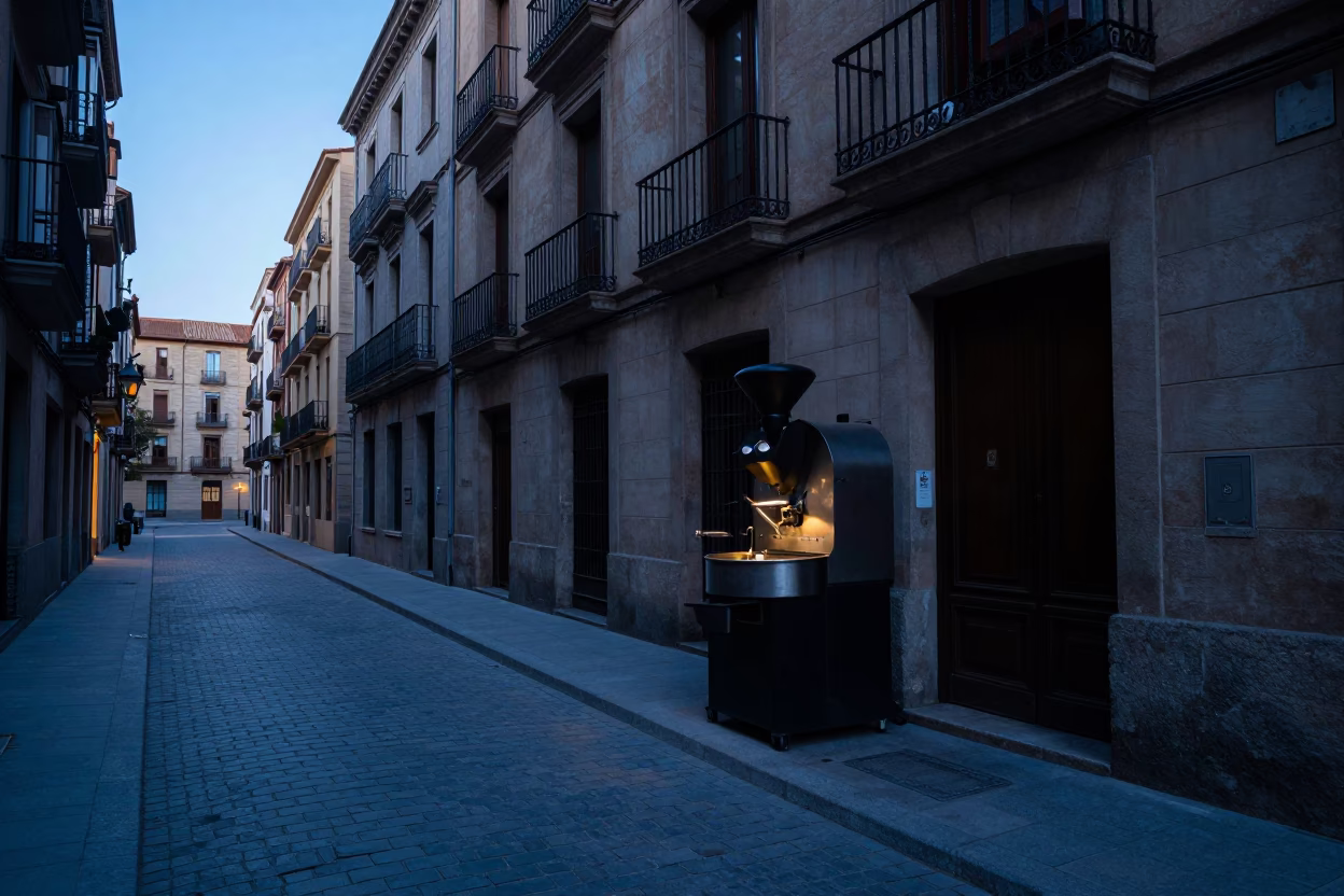 Early Morning Barcelona Street Scene with Coffee Roaster and Local Morning Rituals in in Barcelona, Spain