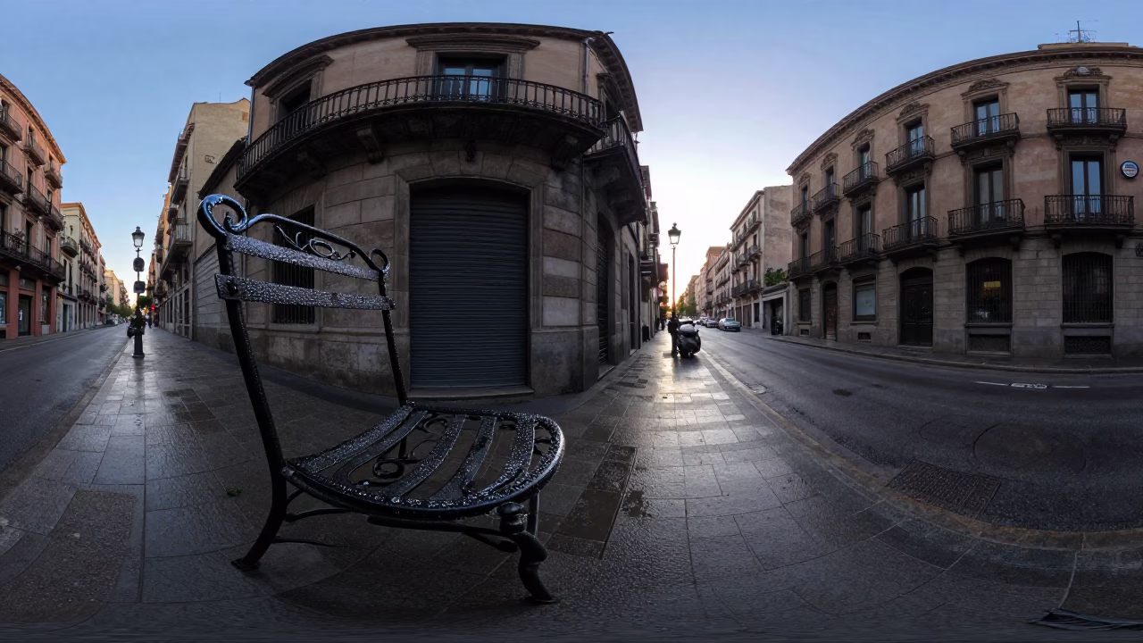 Early Morning Barcelona Street Scene with Condensation and Urban Details in in Barcelona, Spain