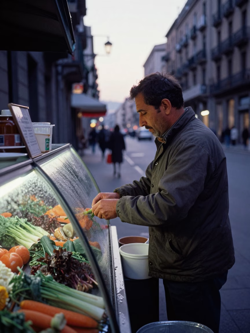 Early Morning Barcelona Street Scene with Condensation and Vintage Majolica Plate in in Barcelona, Spain