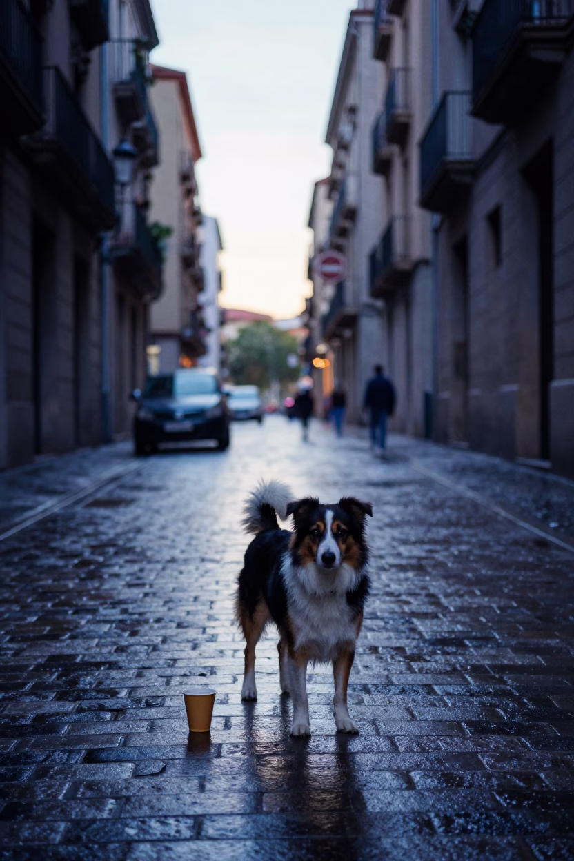 Early Morning Barcelona Street Scene with Dog and Coffee Cup Before Sunrise in in Barcelona, Spain