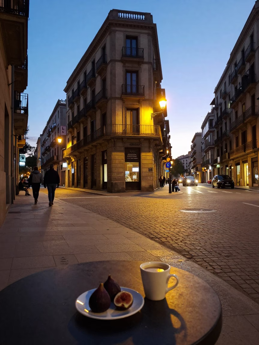 Early Morning Barcelona Street Scene with Figs and Coffee Shop Activity Before Dawn in in Barcelona, Spain