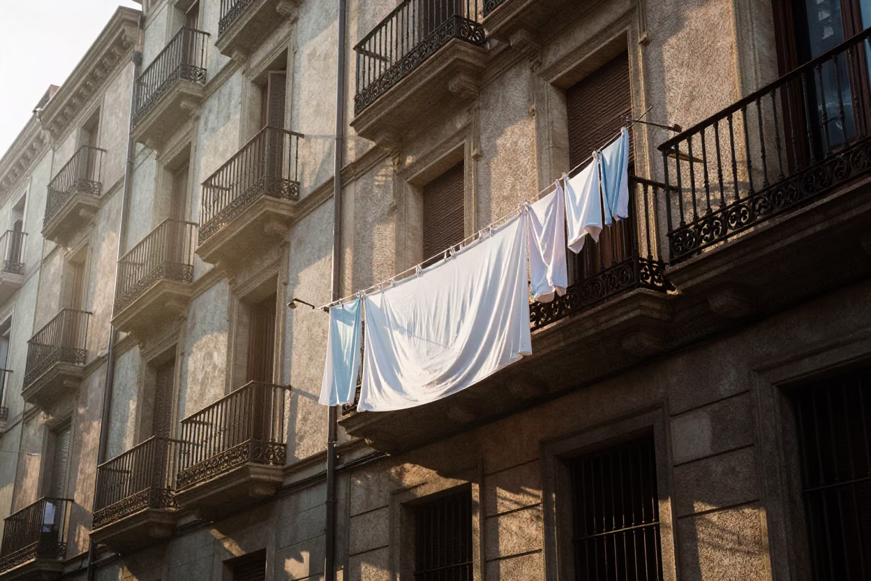 Early Morning Barcelona Street Scene with Hanging Laundry and Sunlight on Facade in in Barcelona, Spain