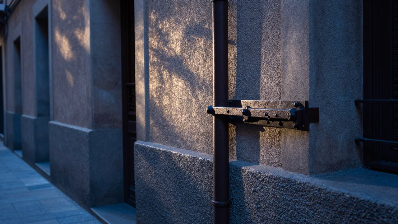 Early Morning Barcelona Street Scene with Iron Deadbolt and Twine in in Barcelona, Spain