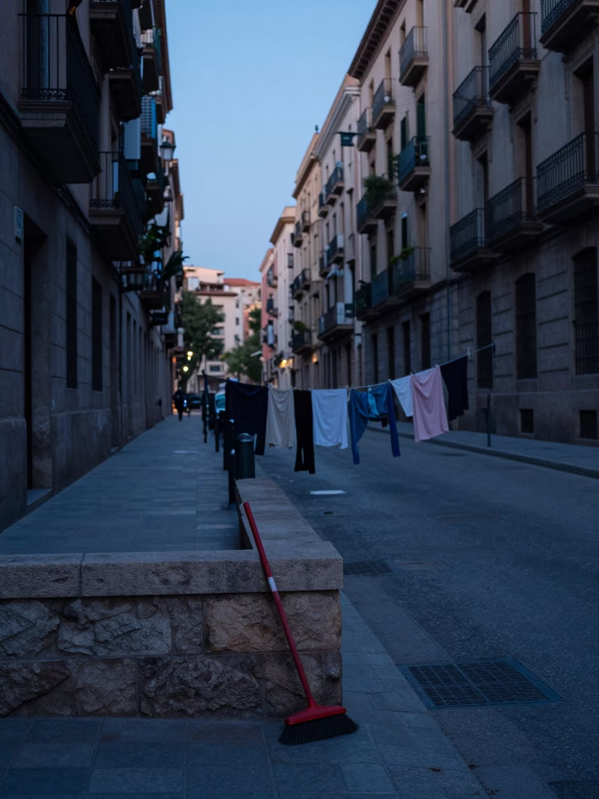 Early Morning Barcelona Street Scene with Laundry and Urban Architecture in in Barcelona, Spain