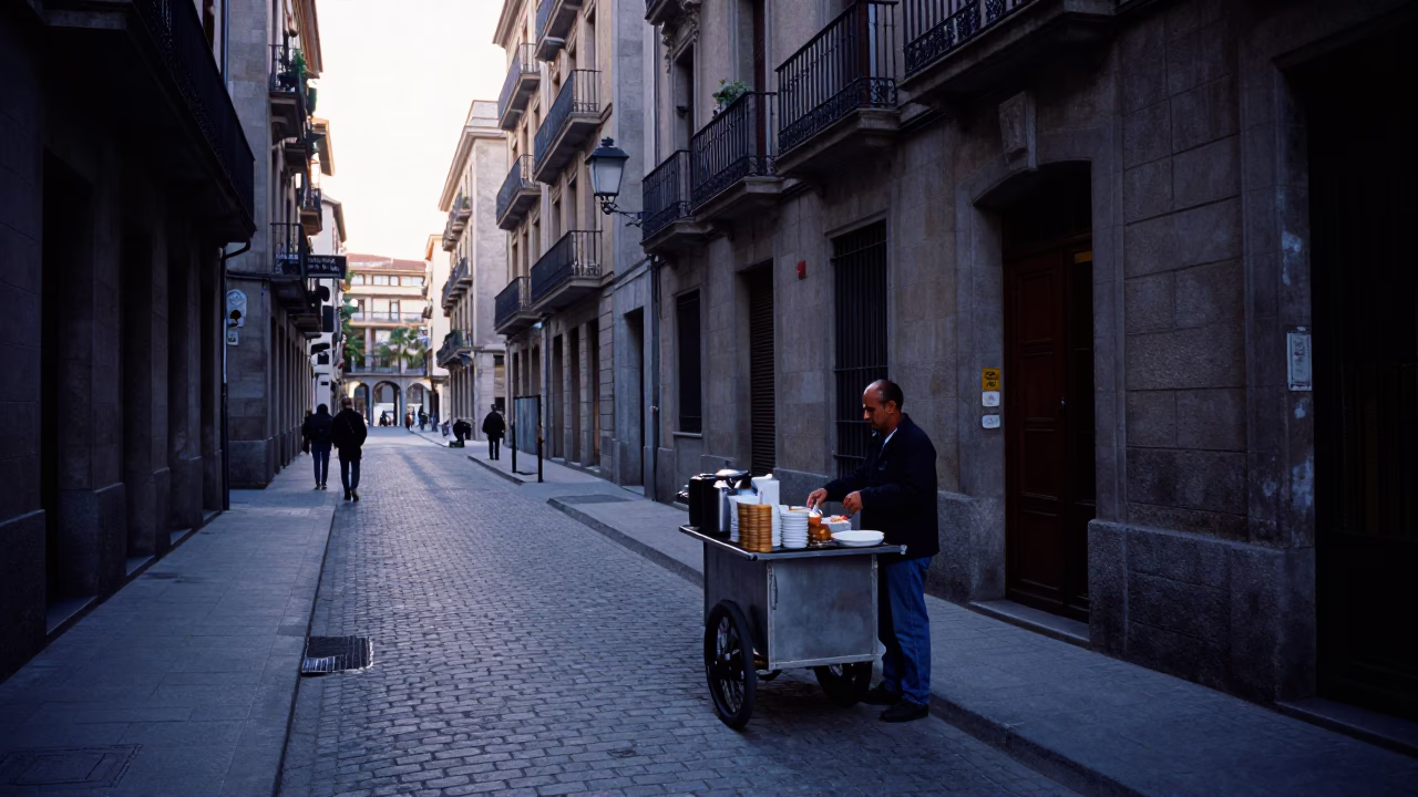 Early Morning Barcelona Street Scene with Local Breakfast and Daily Urban Details in in Barcelona, Spain
